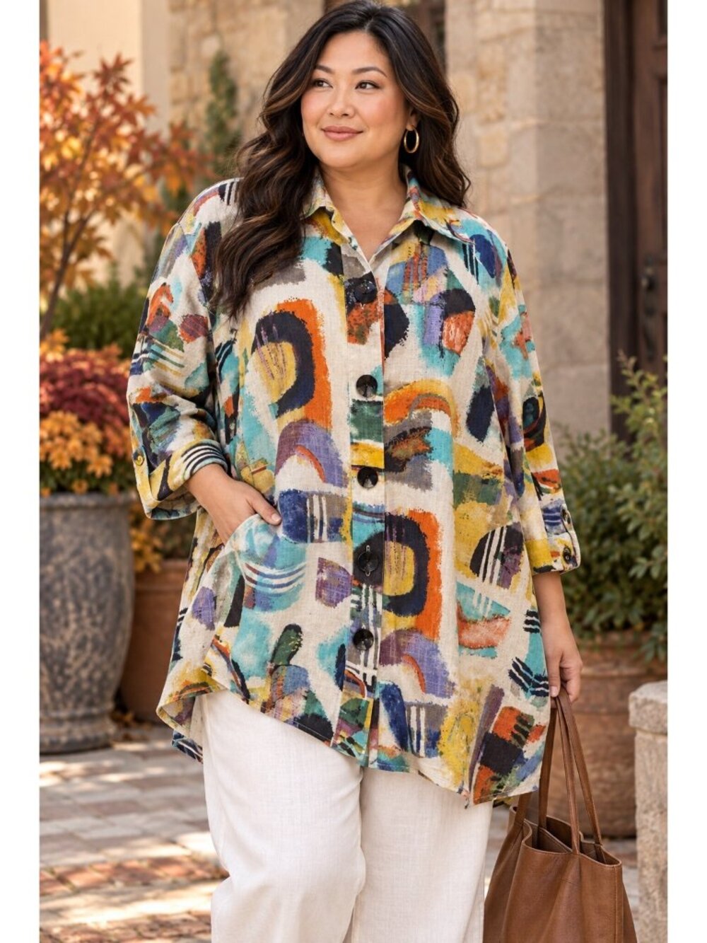 Miles 1X Linen Cotton Abstract Button Front Tunic Shirt Art to Wear